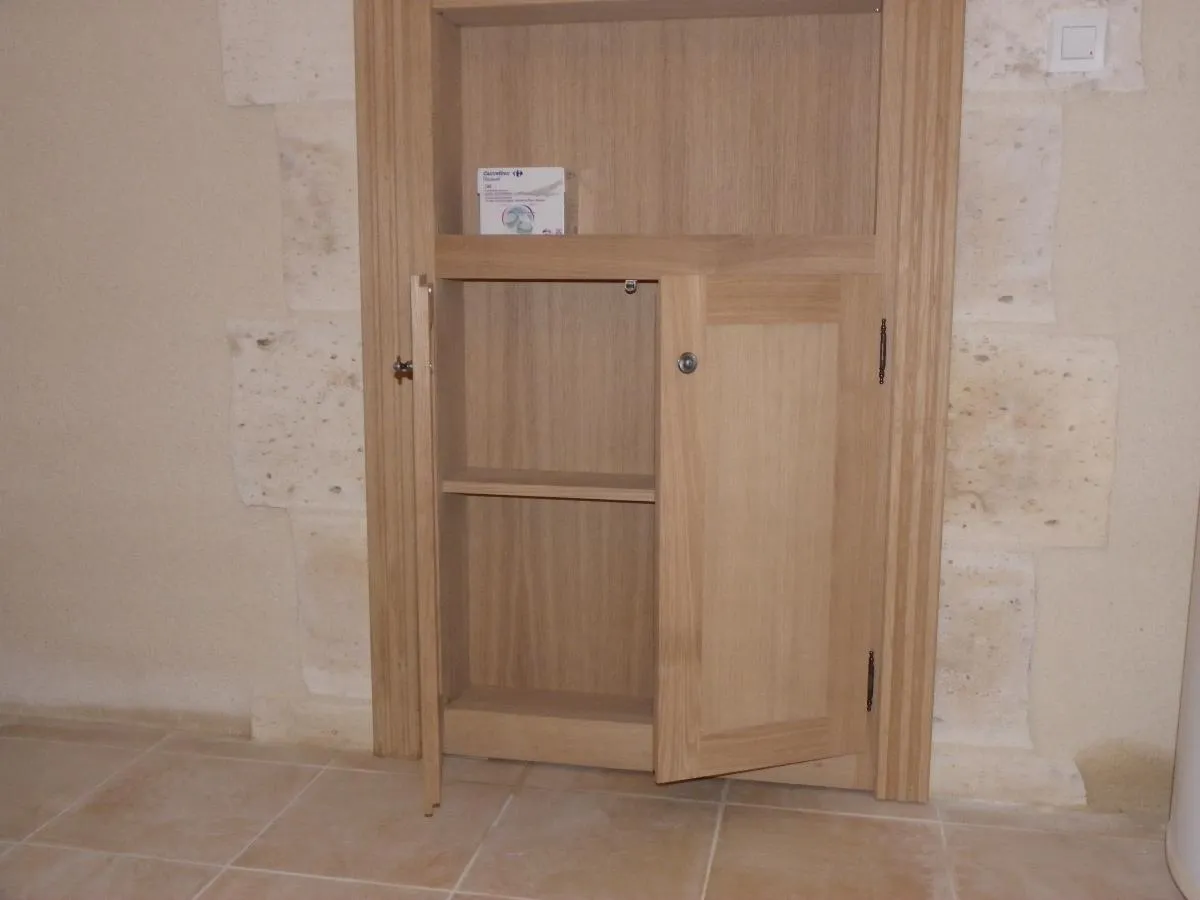 Placard en bois assorti à la cave avec une porte et un rangement ouvert